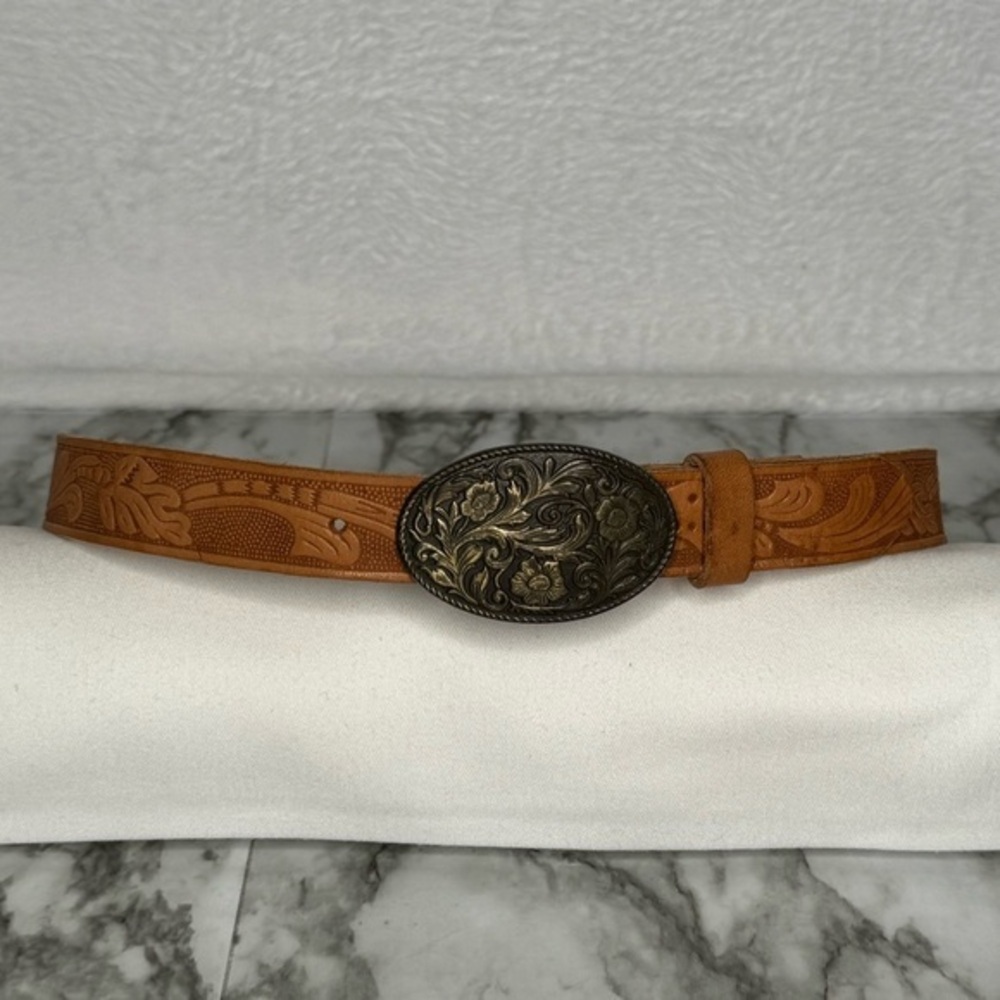 Full Grain Western Floral Embossed Leather Belt-‎ Sz S/M